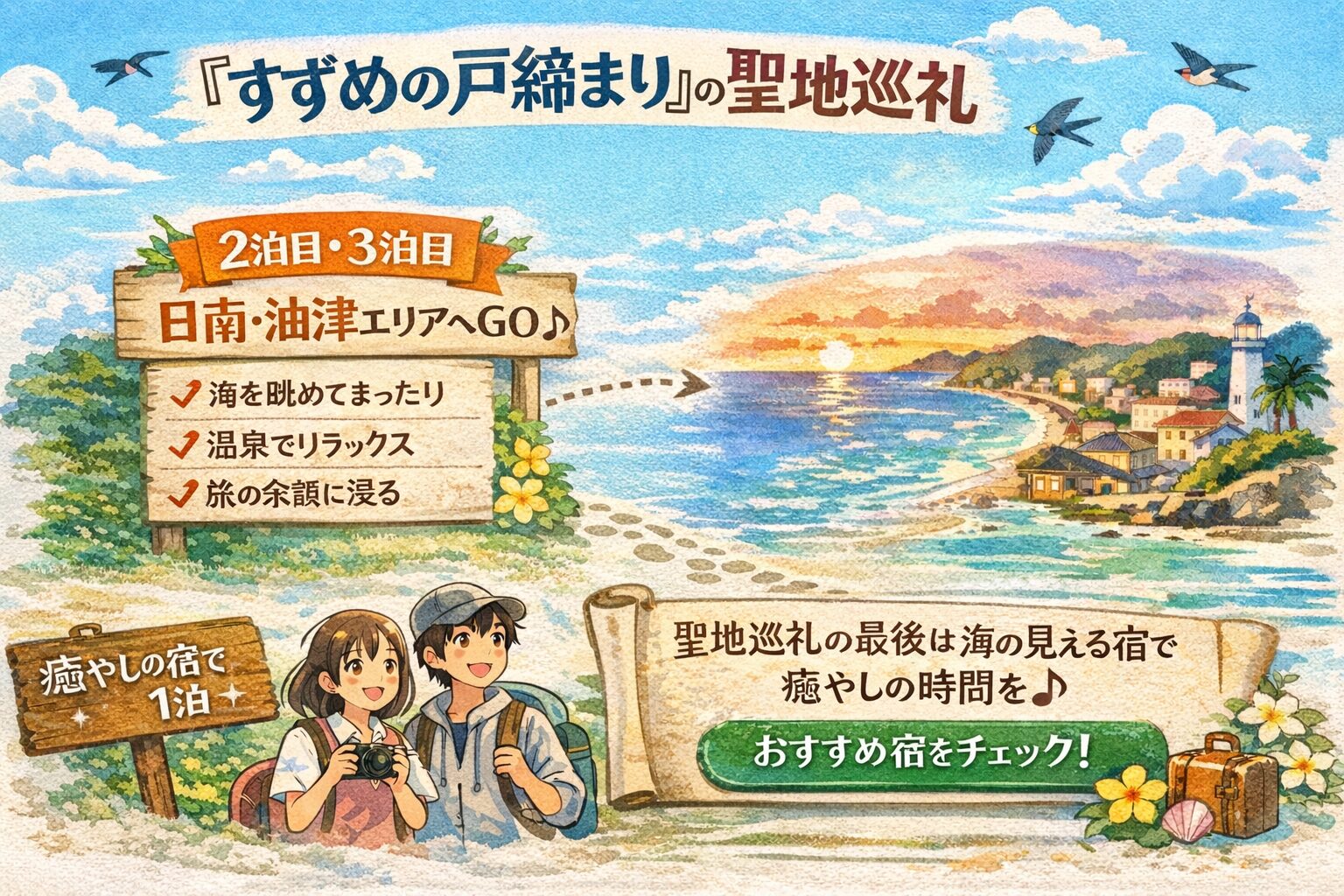 映画『すずめの戸締まり』聖地巡礼と九州旅行をイメージしたイラスト風アイキャッチ画像